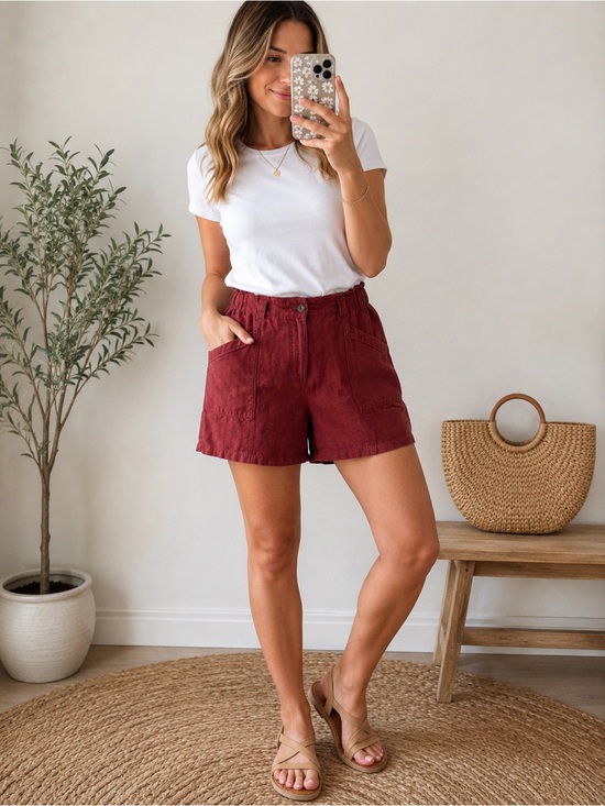 Old Navy Pants - Old Navy Burgundy High-Rise Linen-Blend Shorts